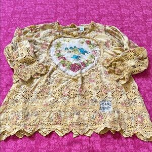 Magnolia Pearl O/S Yellow Lace Blouse Remi in My Sunshine eyelet heart birds